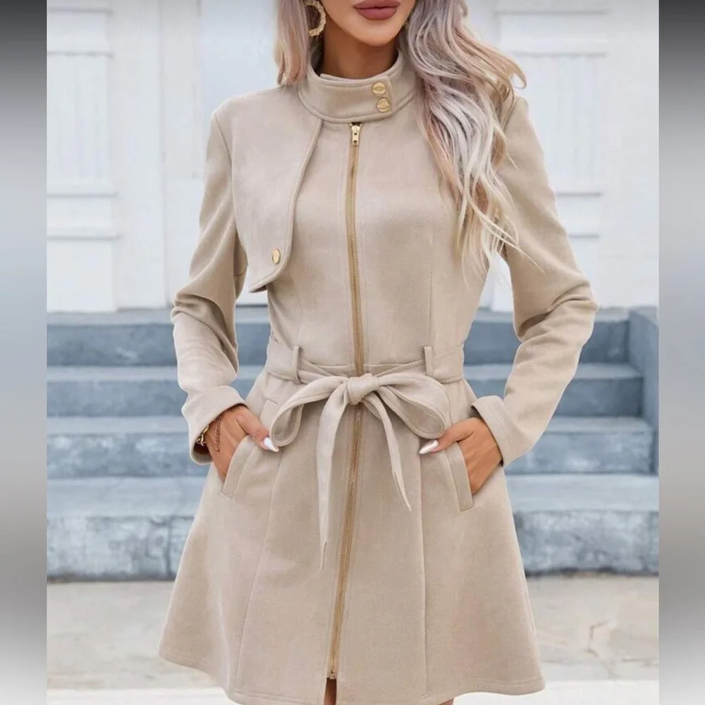 Chic Beige Belted Zip Coat Dress | Structured Minimalist | Size L - Picture 4 of 5